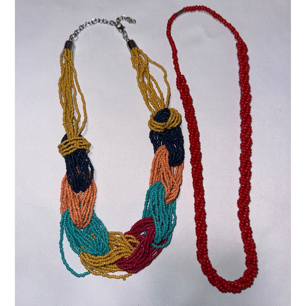 Boho‎ Seed Bead Necklace Set Multi Strand Braided Statement and Red Twisted Rope